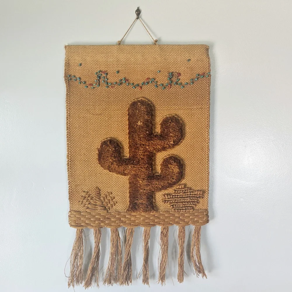 Vintage 1986 ICA Woven Jute Wall Hanging Saguaro Cactus Turquoise Beads Art 80s